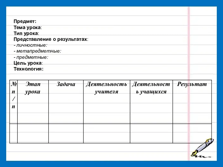 Предмет: Тема урока: Тип урока: Представление о результатах: - личностные: