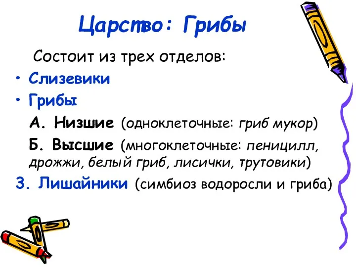 Царство: Грибы Состоит из трех отделов: Слизевики Грибы А. Низшие