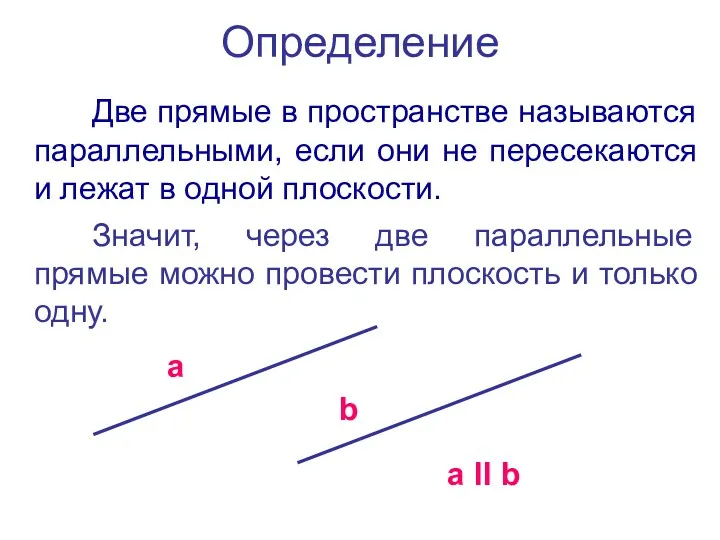 Определение Две прямые в пространстве называются параллельными, если они не