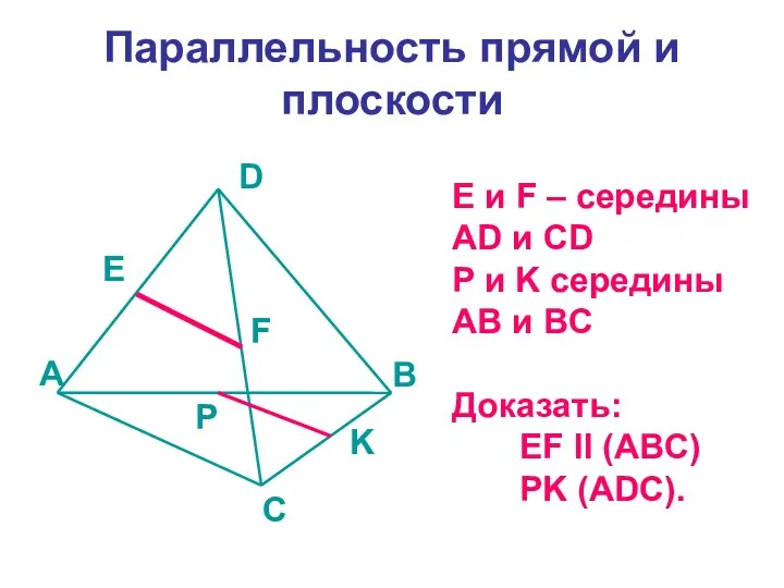 Параллельность прямой и плоскости E и F – середины AD
