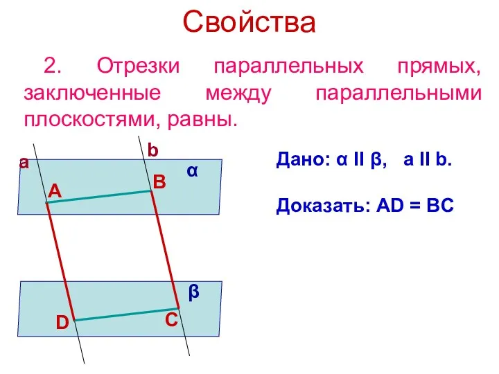 Свойства 2. Отрезки параллельных прямых, заключенные между параллельными плоскостями, равны.