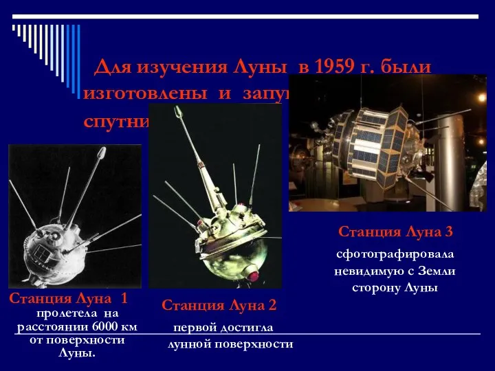 Для изучения Луны в 1959 г. были изготовлены и запущены в космос спутники.
