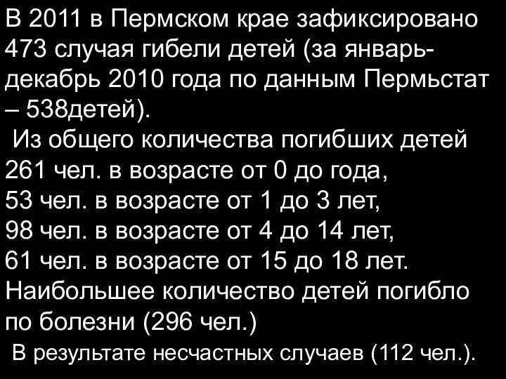 В 2011 в Пермском крае зафиксировано 473 случая гибели детей