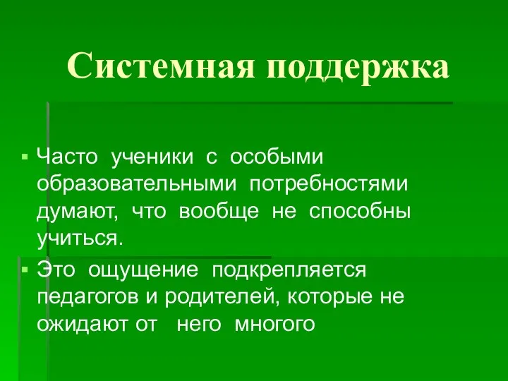 Системная поддержка Часто ученики с особыми образовательными потребностями думают, что