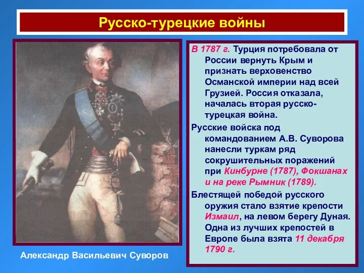 Русско-турецкие войны Александр Васильевич Суворов В 1787 г. Турция потребовала