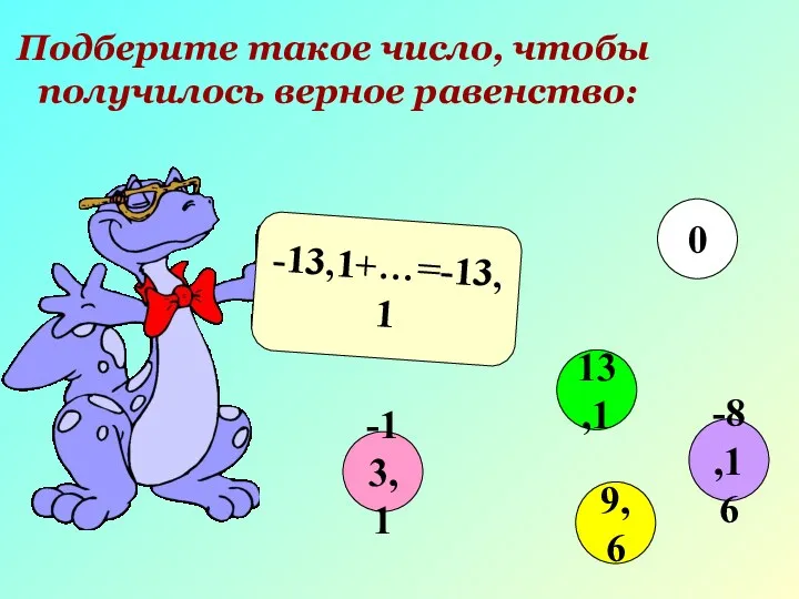 Подберите такое число, чтобы получилось верное равенство: -13,1+…=-13,1 -13,1 13,1 9,6 0 -8,16