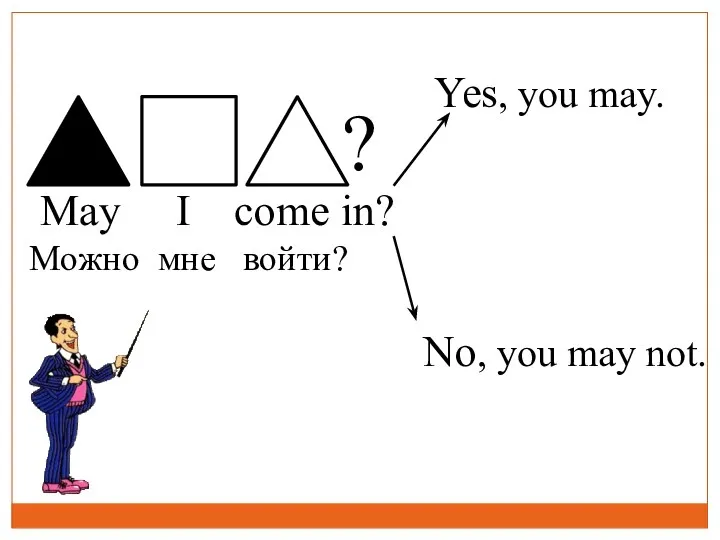 May I come in? Можно мне войти? Yes, you may. No, you may not.