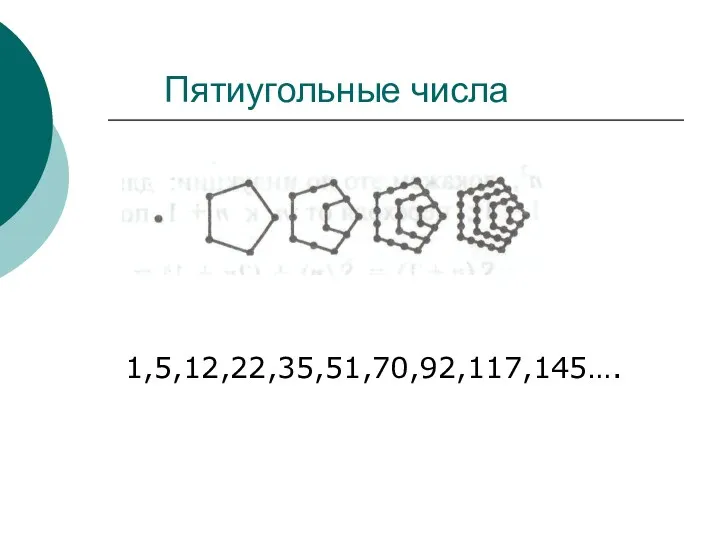 Пятиугольные числа 1,5,12,22,35,51,70,92,117,145….