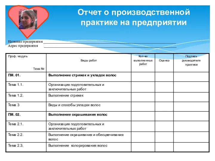 Отчет о производственной практике на предприятии Название предприятия __________________________________________________________________________ Адрес предприятия __________________________________________________________________________