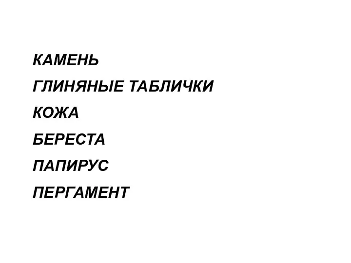 КАМЕНЬ ГЛИНЯНЫЕ ТАБЛИЧКИ КОЖА БЕРЕСТА ПАПИРУС ПЕРГАМЕНТ