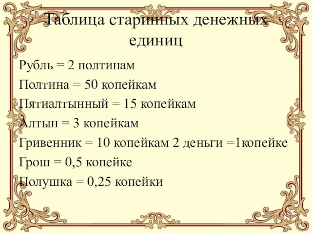 Таблица старинных денежных единиц Рубль = 2 полтинам Полтина = 50 копейкам Пятиалтынный