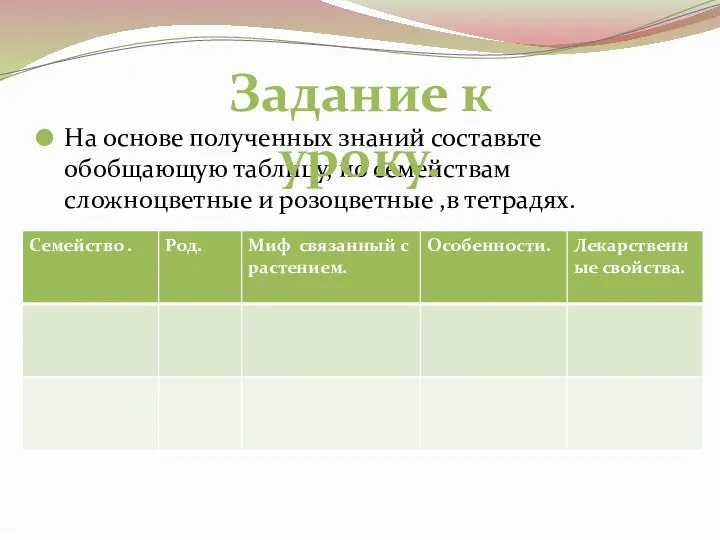 На основе полученных знаний составьте обобщающую таблицу, по семействам сложноцветные