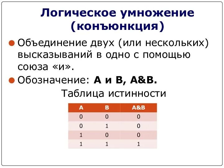 Логическое умножение (конъюнкция) Объединение двух (или нескольких) высказываний в одно