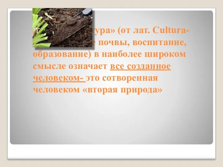 Слово «Культура» (от лат. Cultura- возделывание почвы, воспитание, образование) в