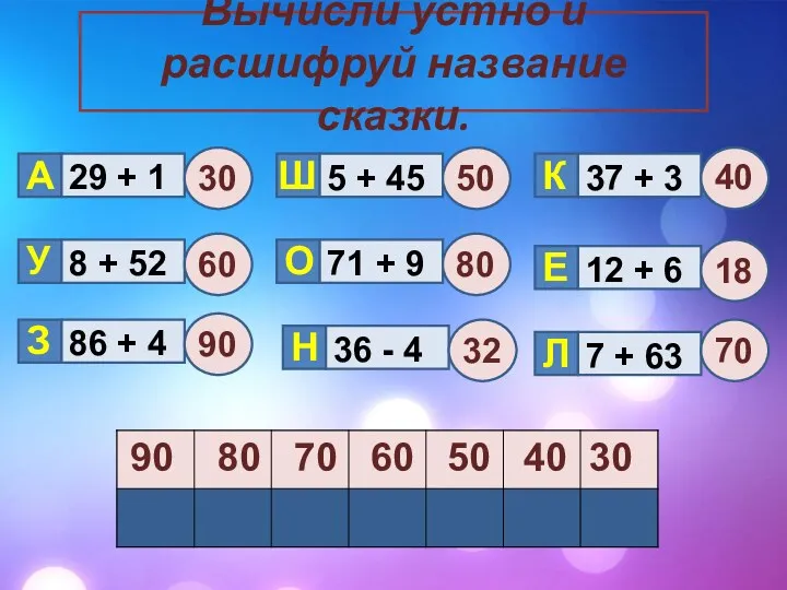 Вычисли устно и расшифруй название сказки. Н Е 29 +