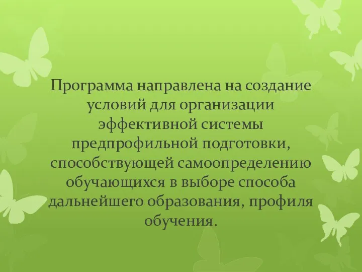 Программа направлена на создание условий для организации эффективной системы предпрофильной