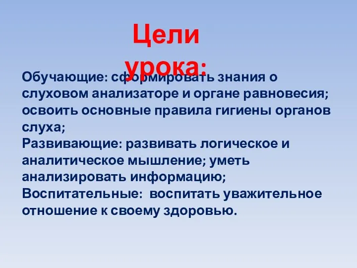 Обучающие: сформировать знания о слуховом анализаторе и органе равновесия; освоить