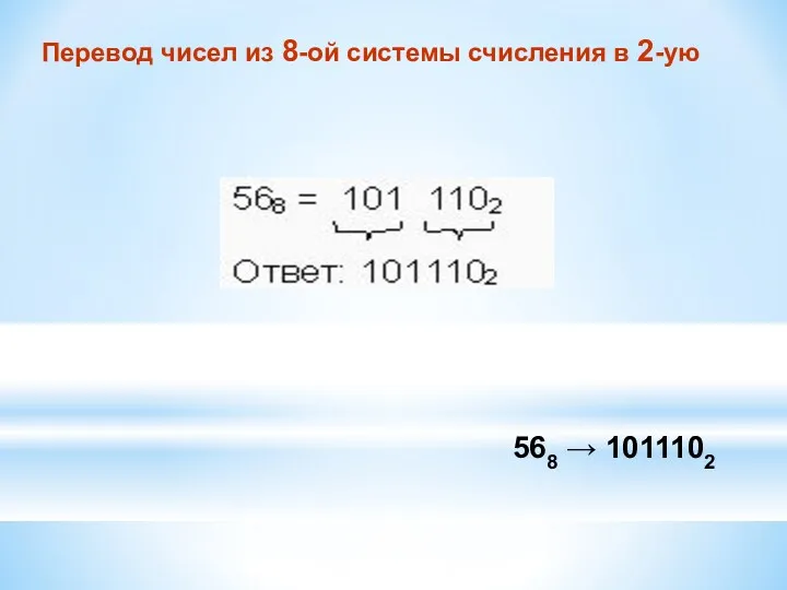 Перевод чисел из 8-ой системы счисления в 2-ую 568 → 1011102