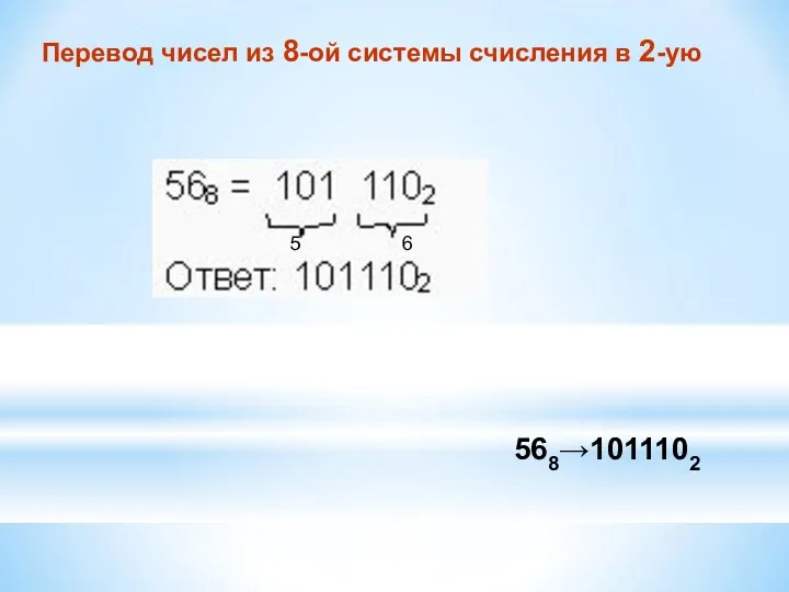 Перевод чисел из 8-ой системы счисления в 2-ую 568→1011102 6 5