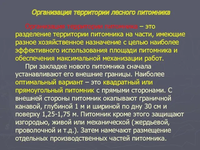 Организация территории питомника – это разделение территории питомника на части, имеющие разное хозяйственное