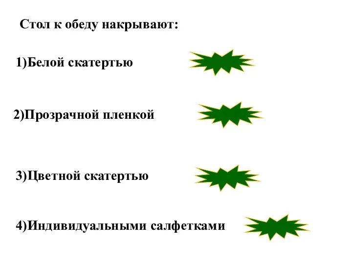 неверно неверно неверно верно 3)Цветной скатертью 2)Прозрачной пленкой 1)Белой скатертью 4)Индивидуальными салфетками Стол к обеду накрывают: