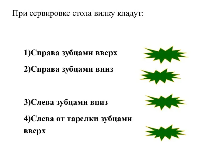 1)Справа зубцами вверх 2)Справа зубцами вниз 3)Слева зубцами вниз 4)Слева