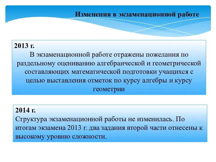 2014 г. Структура экзаменационной работы не изменилась. По итогам экзамена