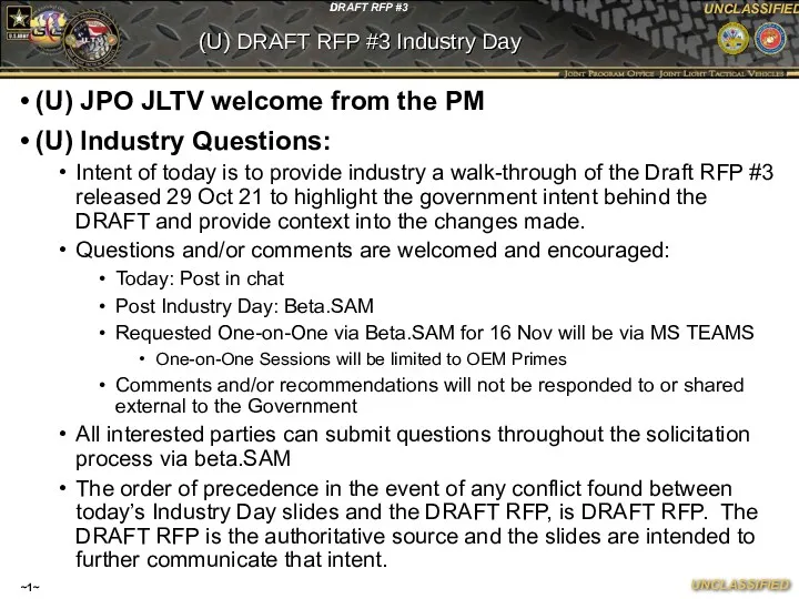 (U) JPO JLTV welcome from the PM (U) Industry Questions: