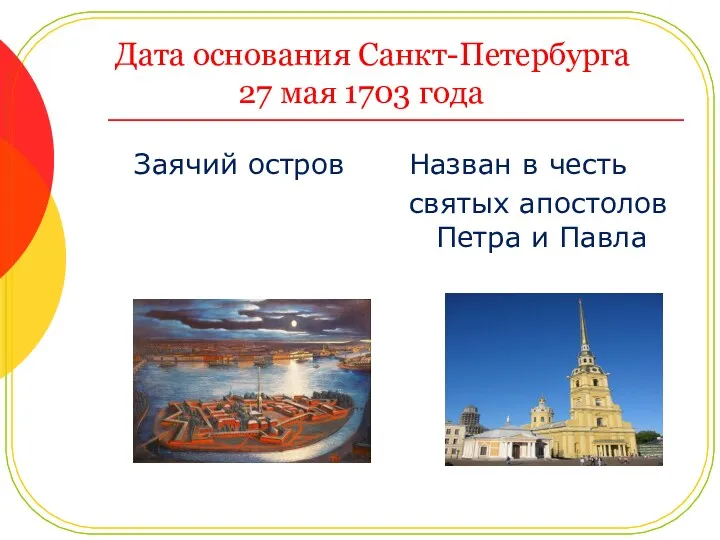 Дата основания Санкт-Петербурга 27 мая 1703 года Заячий остров Назван в честь святых