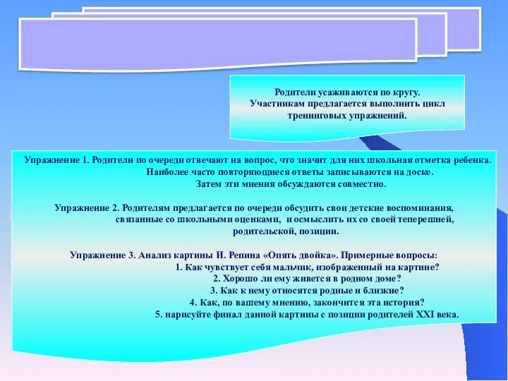 Родители усаживаются по кругу. Участникам предлагается выполнить цикл тренинговых упражнений.