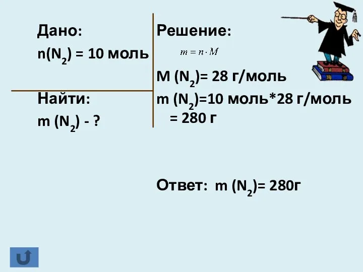 Дано: n(N2) = 10 моль Найти: m (N2) - ?