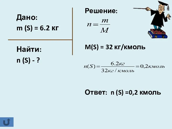 Дано: m (S) = 6.2 кг Найти: n (S) -