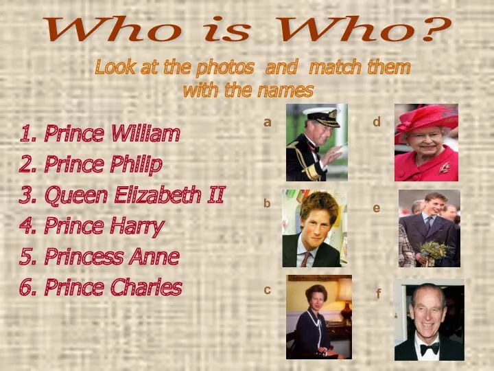 1. Prince William 2. Prince Philip 3. Queen Elizabeth II 4. Prince Harry