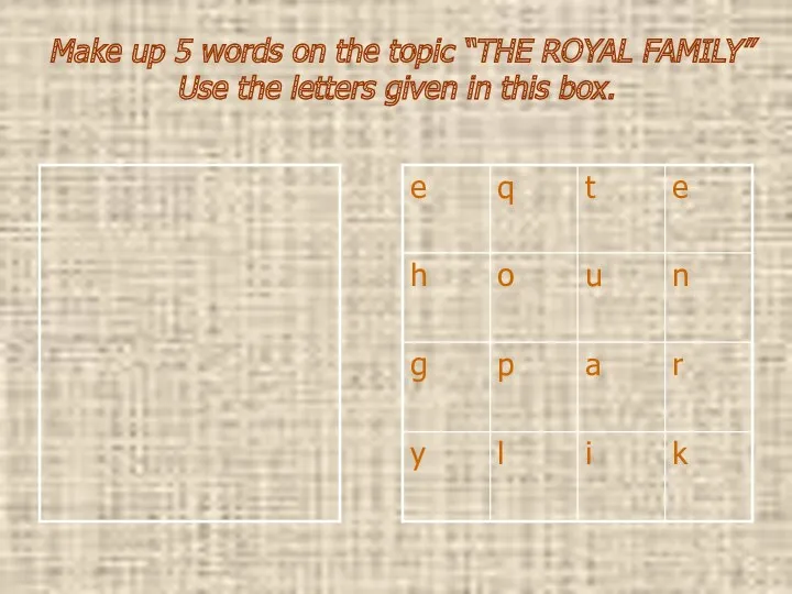 Make up 5 words on the topic “THE ROYAL FAMILY” Use the letters