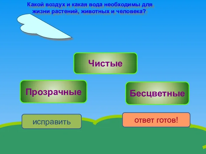 исправить ответ готов! Прозрачные Чистые Бесцветные Какой воздух и какая