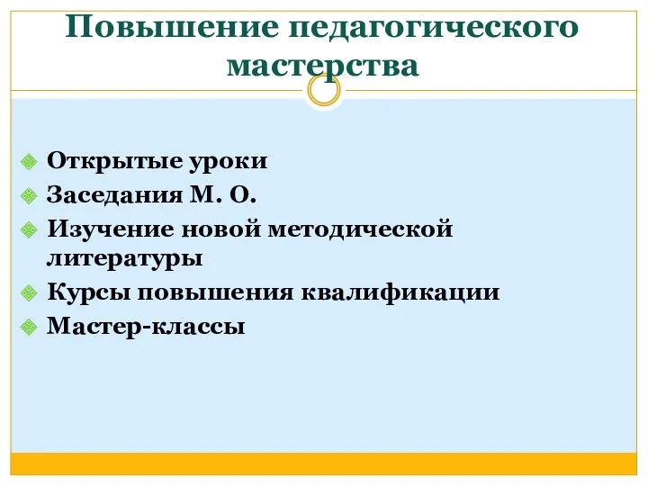 Повышение педагогического мастерства Открытые уроки Заседания М. О. Изучение новой методической литературы Курсы повышения квалификации Мастер-классы