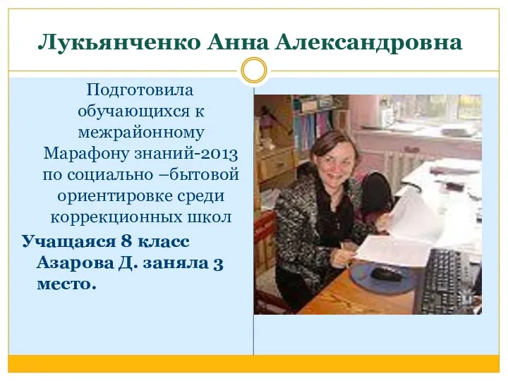 Лукьянченко Анна Александровна Подготовила обучающихся к межрайонному Марафону знаний-2013 по