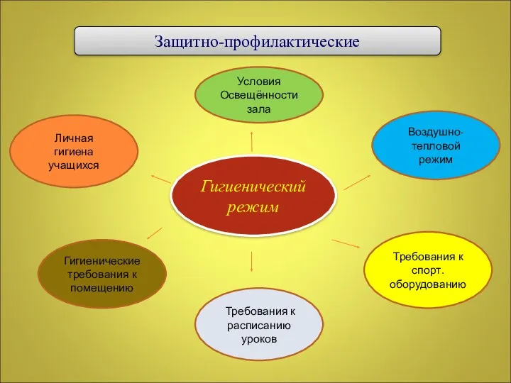 Гигиенический режим Условия Освещённости зала Воздушно-тепловой режим Требования к расписанию