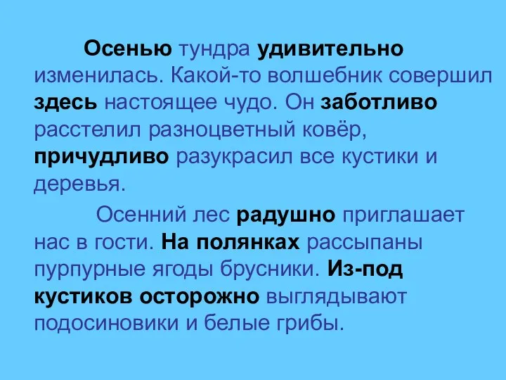 Осенью тундра удивительно изменилась. Какой-то волшебник совершил здесь настоящее чудо.