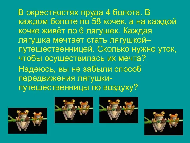 В окрестностях пруда 4 болота. В каждом болоте по 58