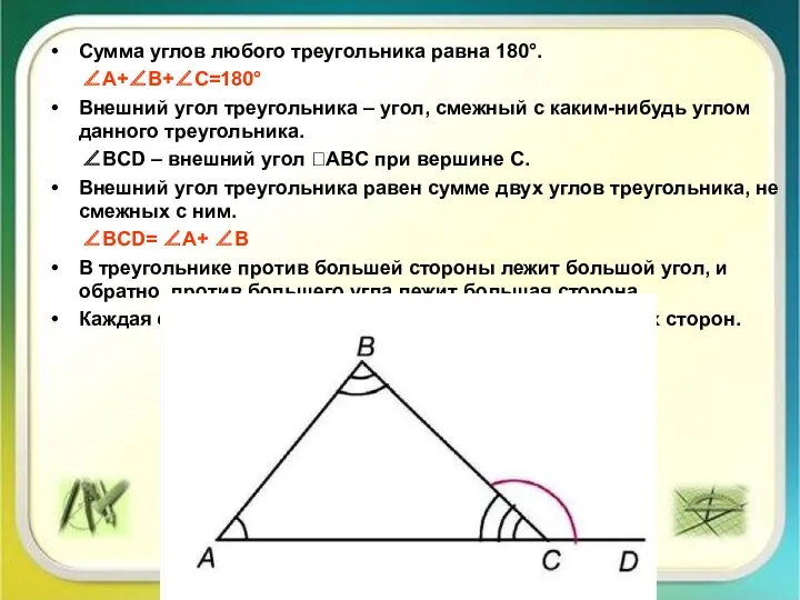 Сумма углов любого треугольника равна 180°. ∠A+∠B+∠C=180° Внешний угол треугольника – угол, смежный