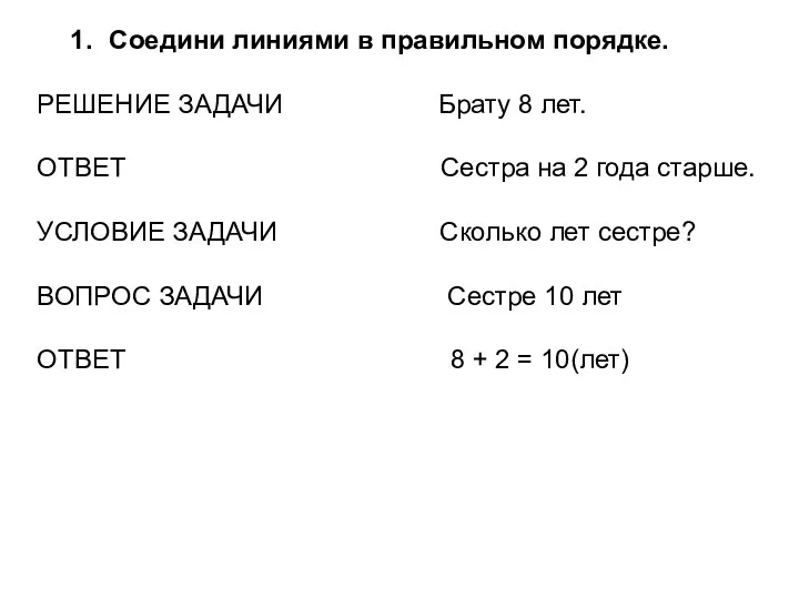 Соедини линиями в правильном порядке. РЕШЕНИЕ ЗАДАЧИ Брату 8 лет.