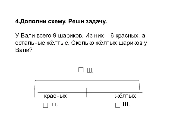 4.Дополни схему. Реши задачу. У Вали всего 9 шариков. Из