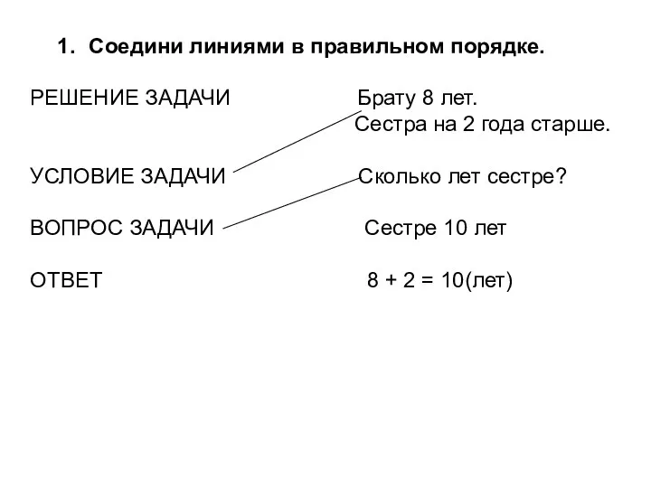 Соедини линиями в правильном порядке. РЕШЕНИЕ ЗАДАЧИ Брату 8 лет.