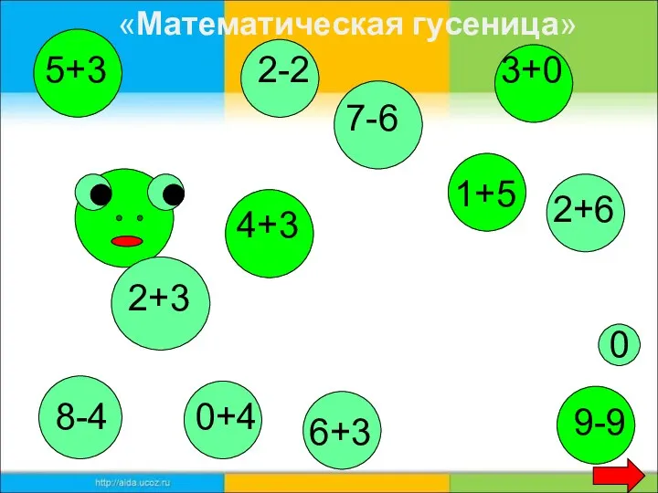 2+3 5+3 8-4 4+3 7-6 1+5 6+3 9-9 0 2-2 2+6 3+0 0+4 «Математическая гусеница»