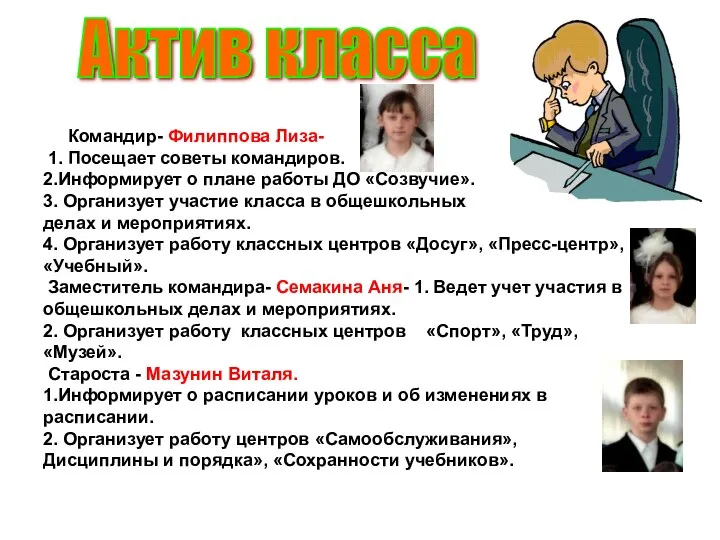 Актив класса Командир- Филиппова Лиза- 1. Посещает советы командиров. 2.Информирует о плане работы