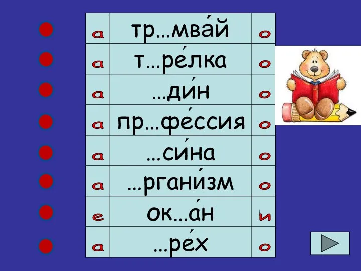 тр…мва́й т…ре́лка …ди́н пр…фе́ссия …си́на …ргани́зм ок…а́н …ре́х о о