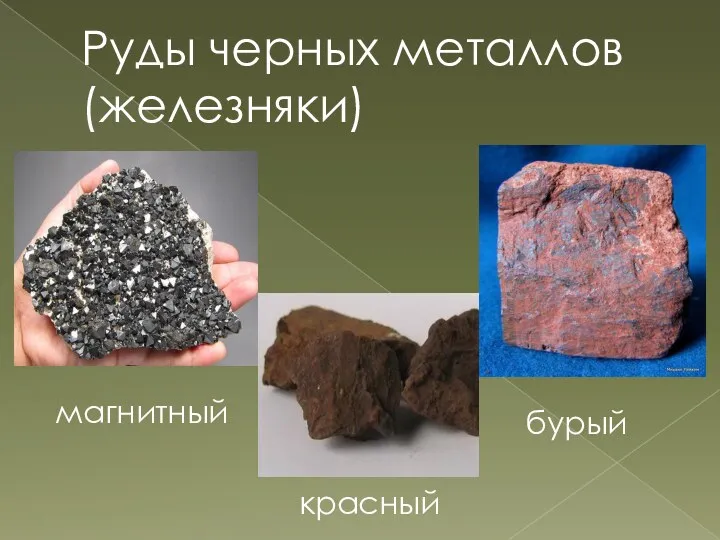 Руды черных металлов (железняки) магнитный красный бурый