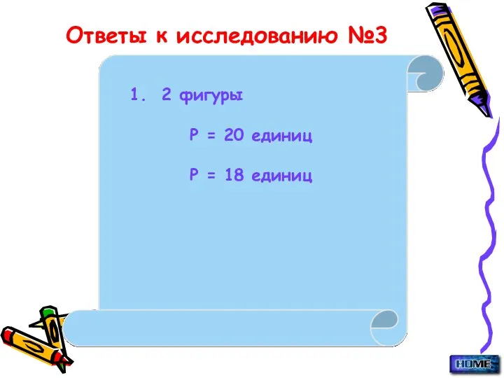 Ответы к исследованию №3 1. 2 фигуры Р = 20 единиц Р = 18 единиц