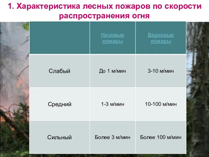 1. Характеристика лесных пожаров по скорости распространения огня